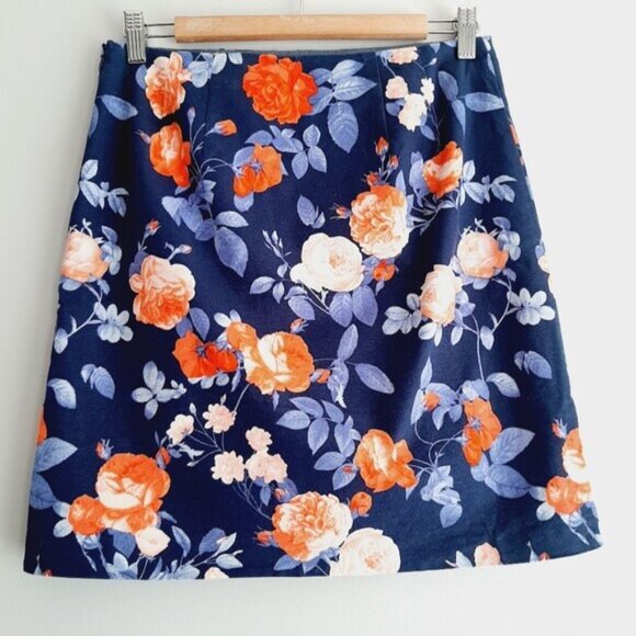 TALBOTS | Floral Cotton Blend Short Mini Skirt Navy Blue & Red Roses Sz 2 - Picture 6 of 12